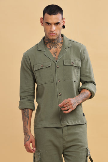 Olive Green Cuban Collar Shacket