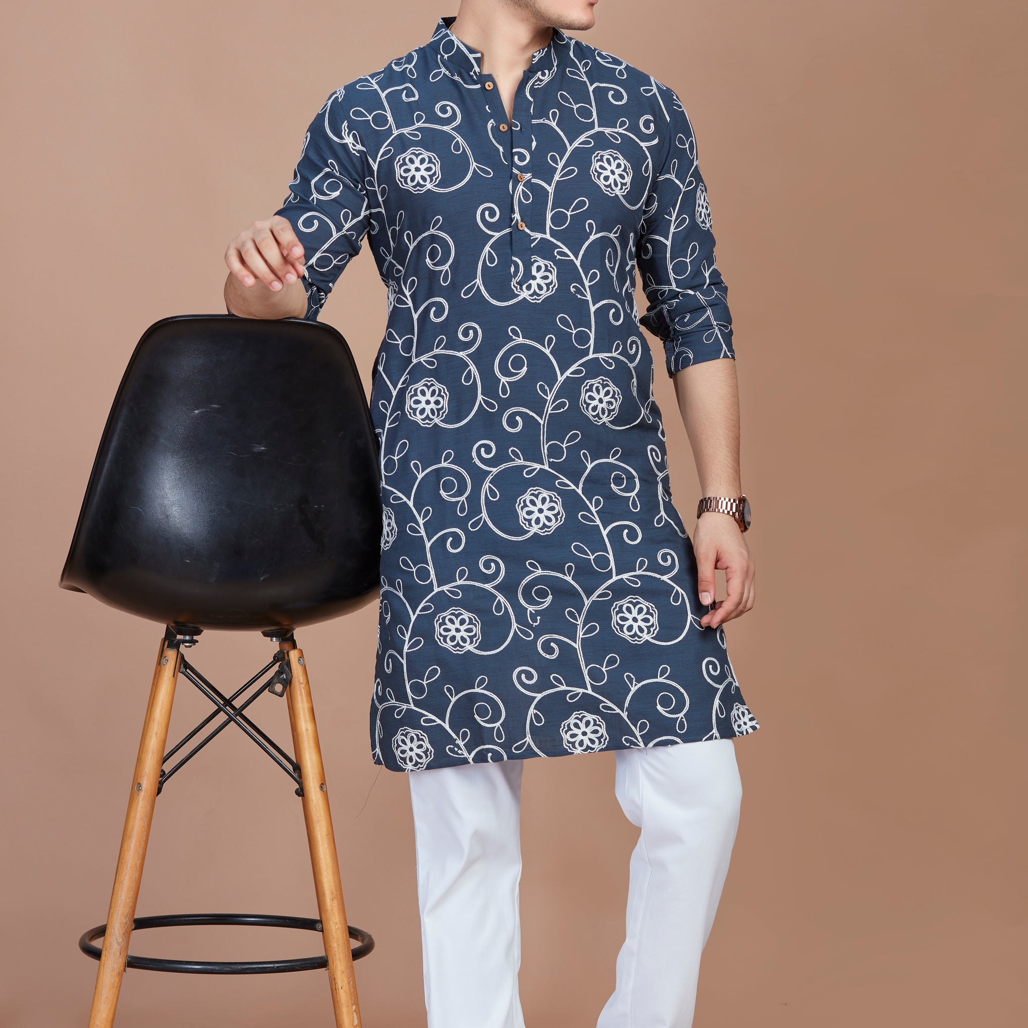 Flower Embroidery Blue Long Kurta