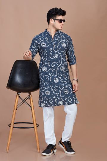 Flower Embroidery Blue Long Kurta