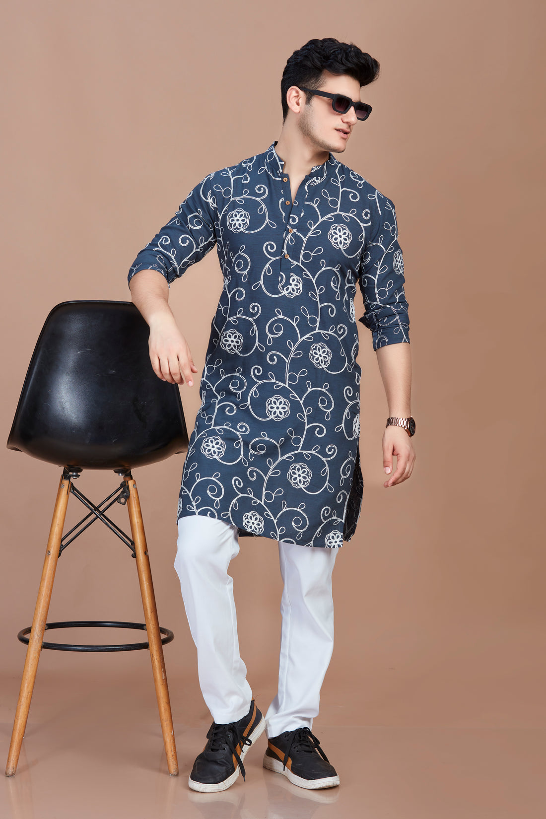 Flower Embroidery Blue Long Kurta