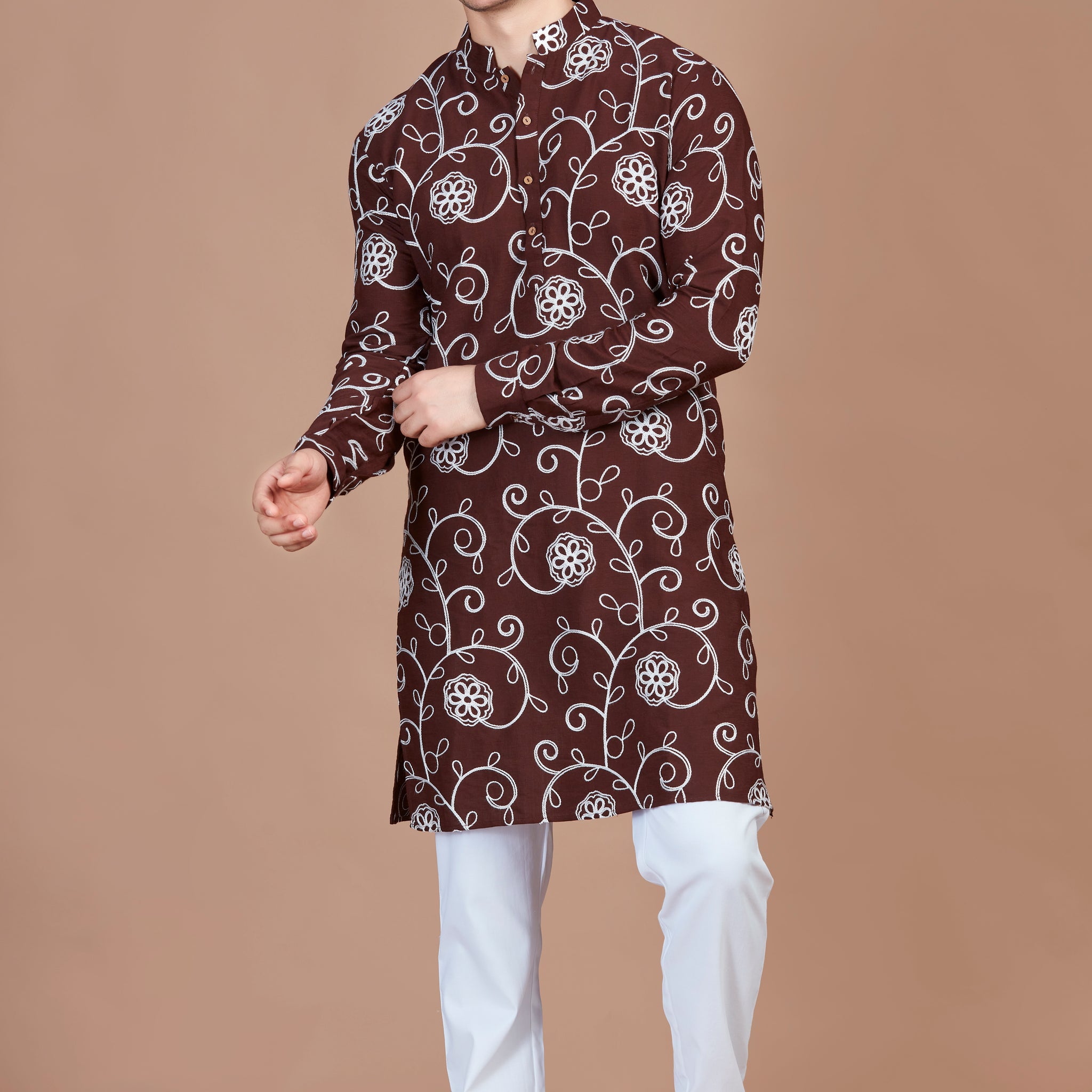 Flower Embroidery Brown Long Kurta