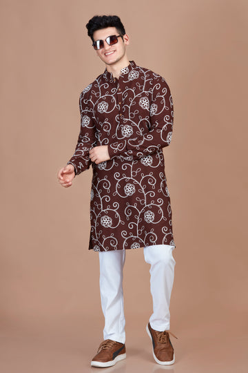 Flower Embroidery Brown Long Kurta