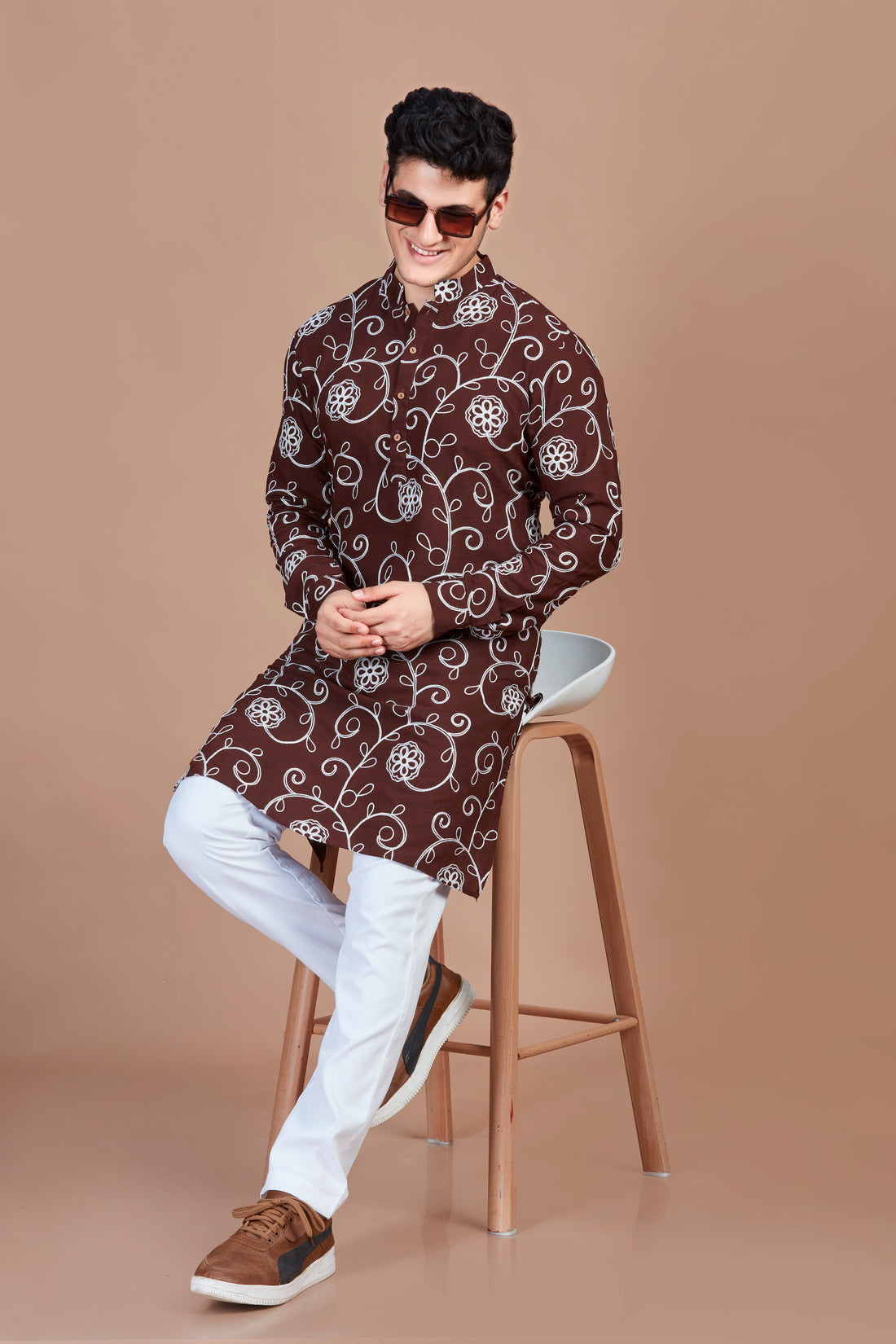 Flower Embroidery Brown Long Kurta