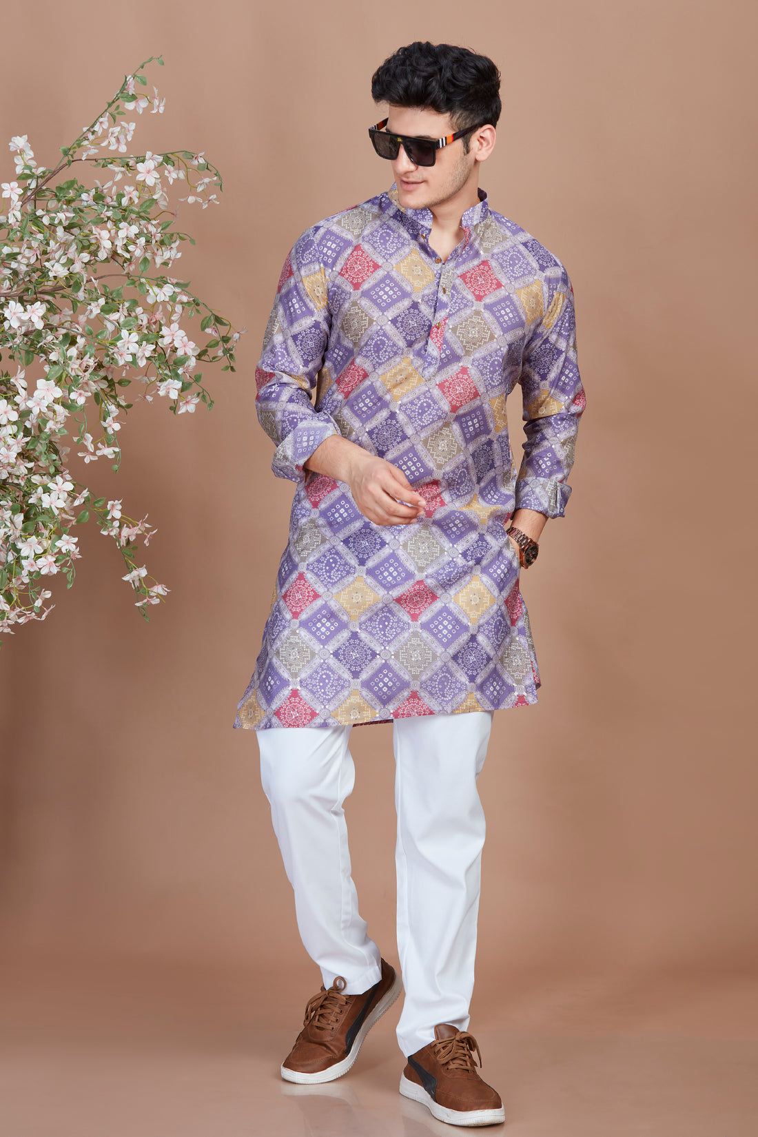 Lavender Bandani Print Long Kurta