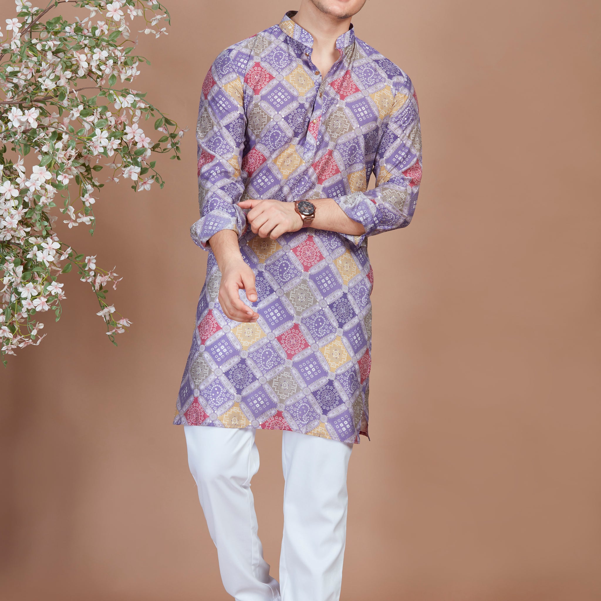 Lavender Bandani Print Long Kurta