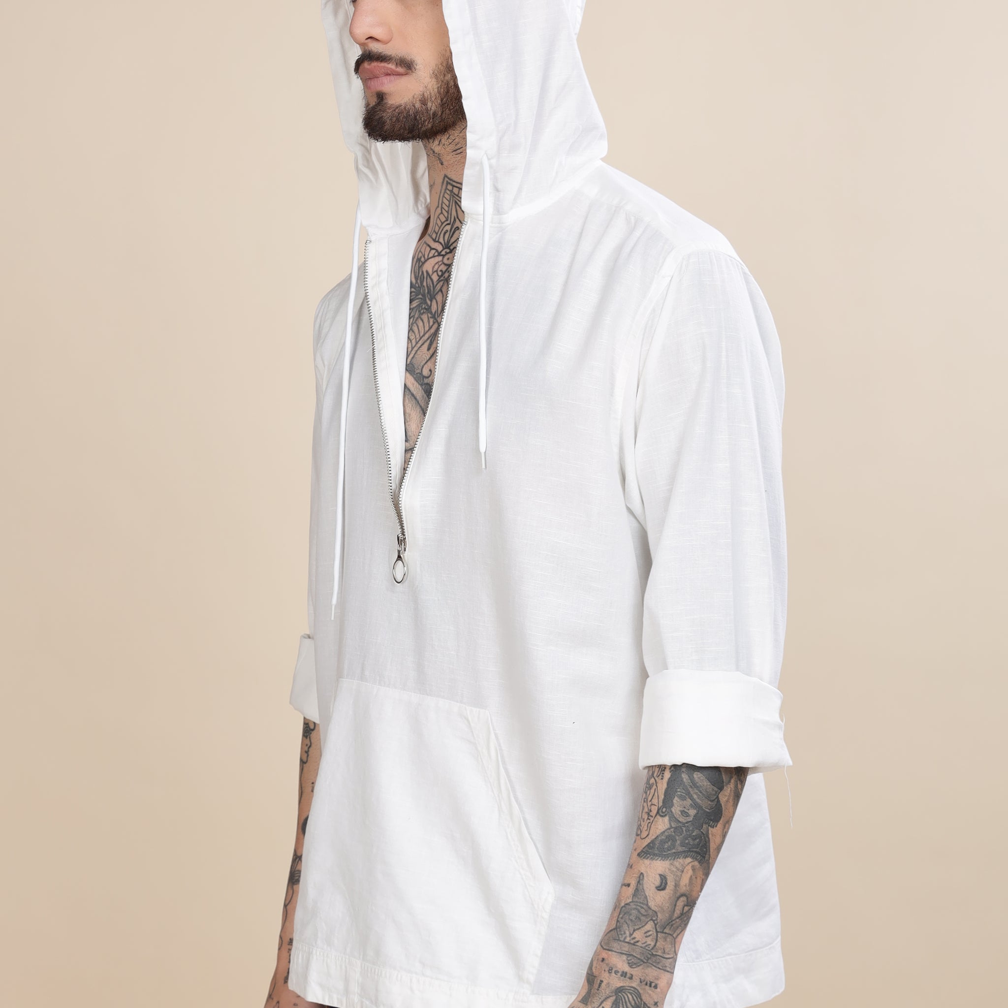 White Cotton Zipper Hoodie