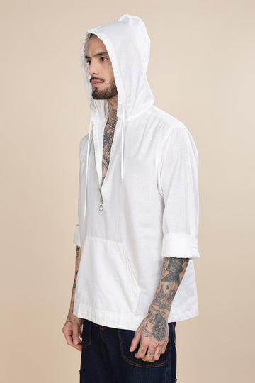 White Cotton Zipper Hoodie