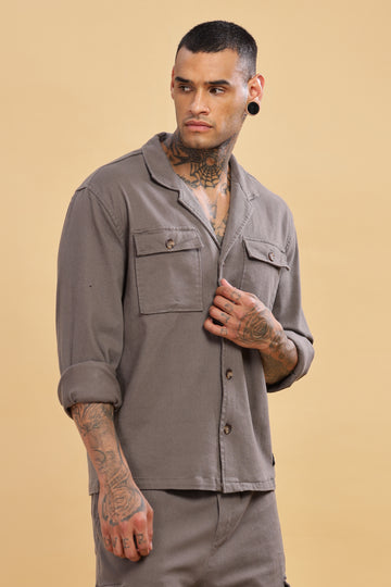 Grey Cuban Collar Shacket