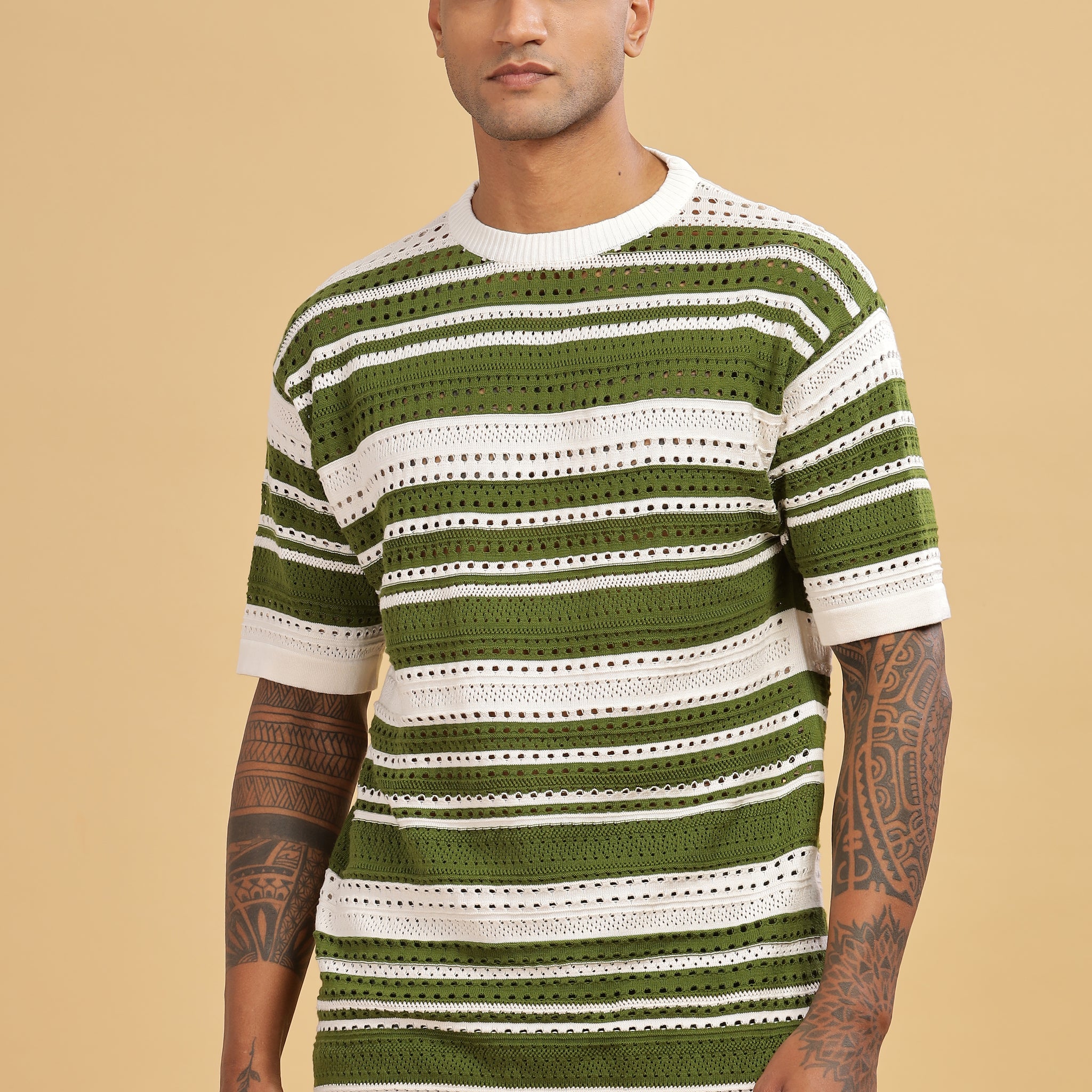 Knitted Round Neck Green Stripes Oversize T-Shirt