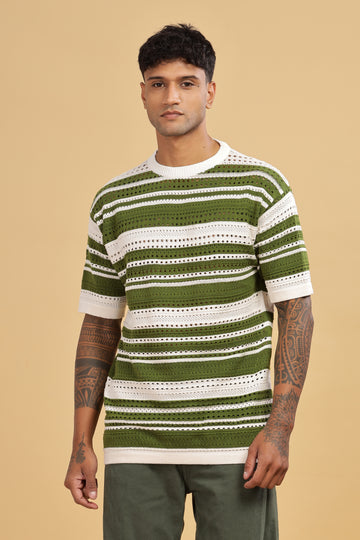 Knitted Round Neck Green Stripes Oversize T-Shirt