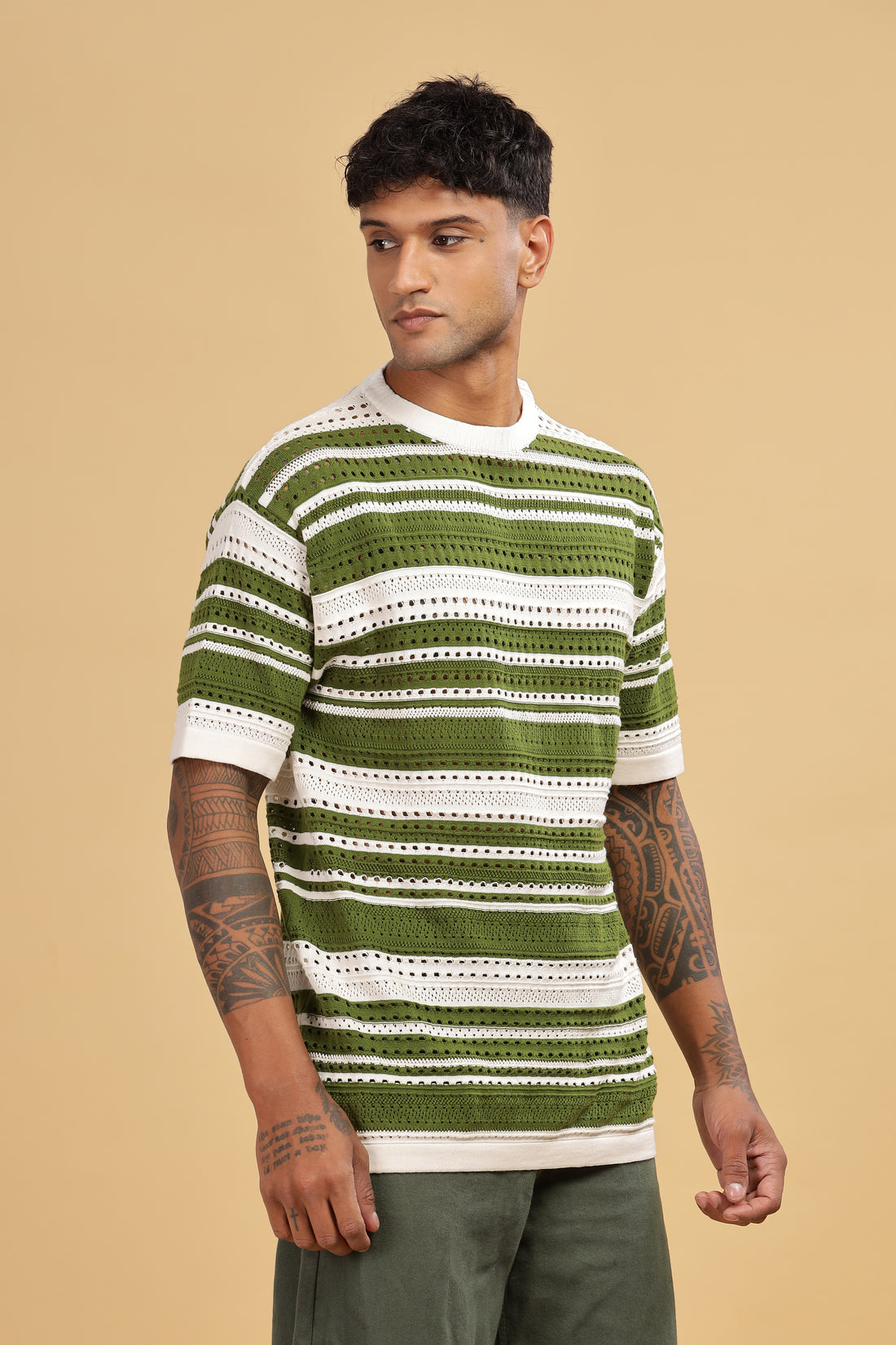 Knitted Round Neck Green Stripes Oversize T-Shirt