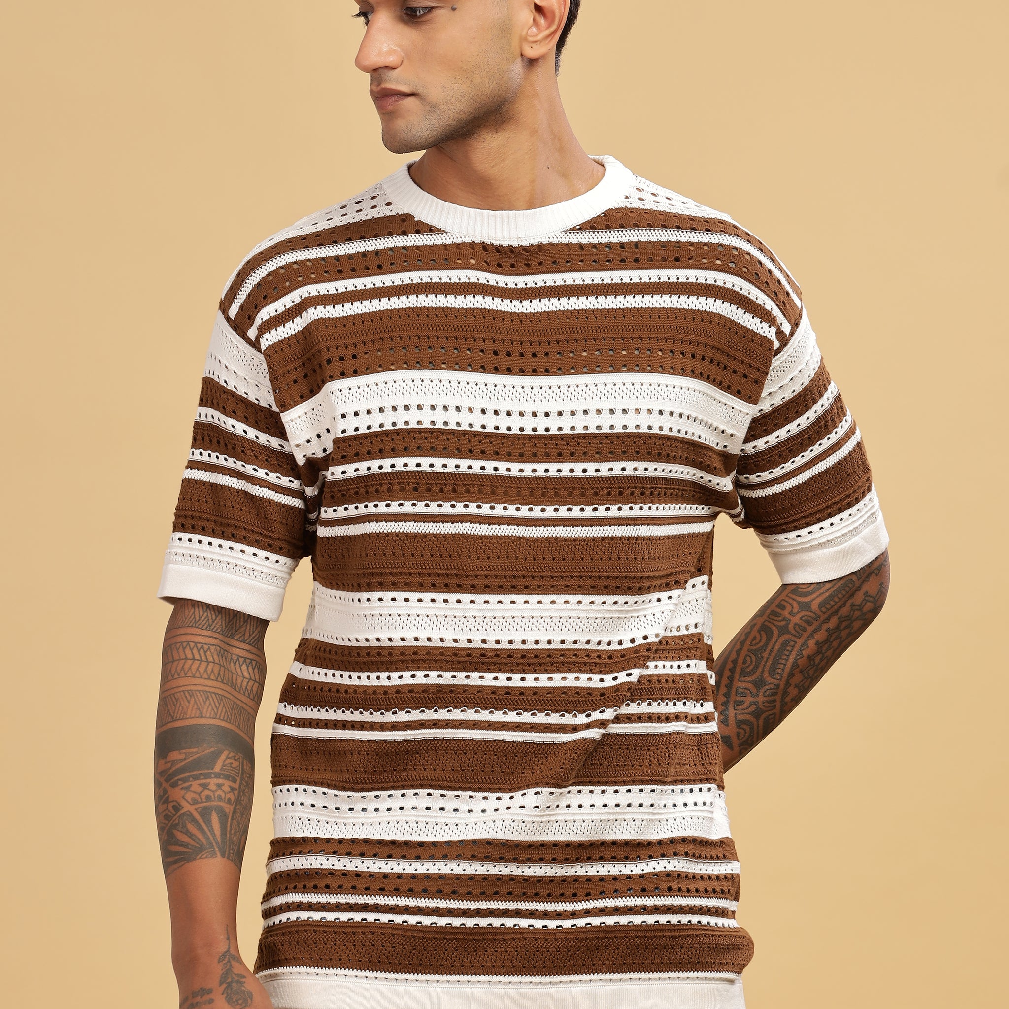 Knitted Round Neck Brown Stripes Oversize T-Shirt