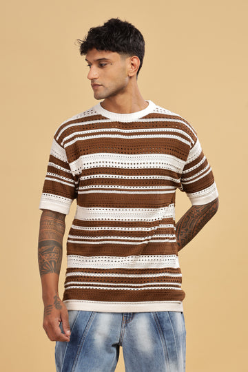 Knitted Round Neck Brown Stripes Oversize T-Shirt