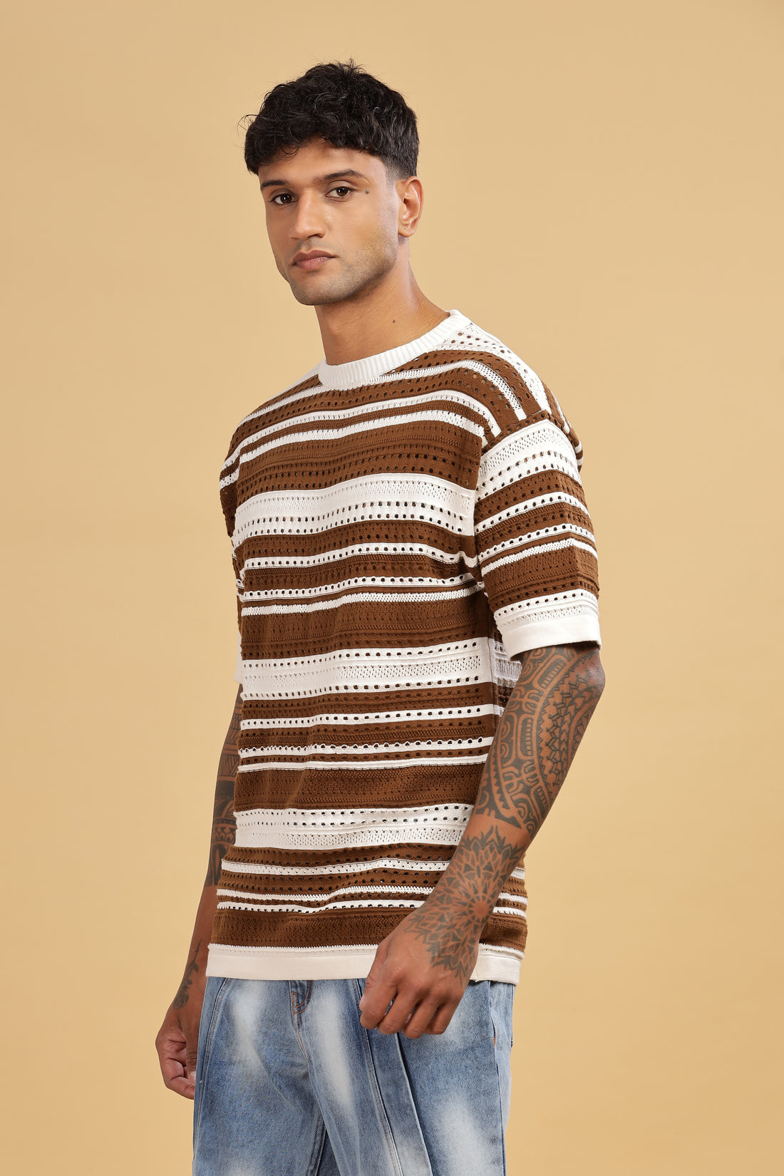 Knitted Round Neck Brown Stripes Oversize T-Shirt