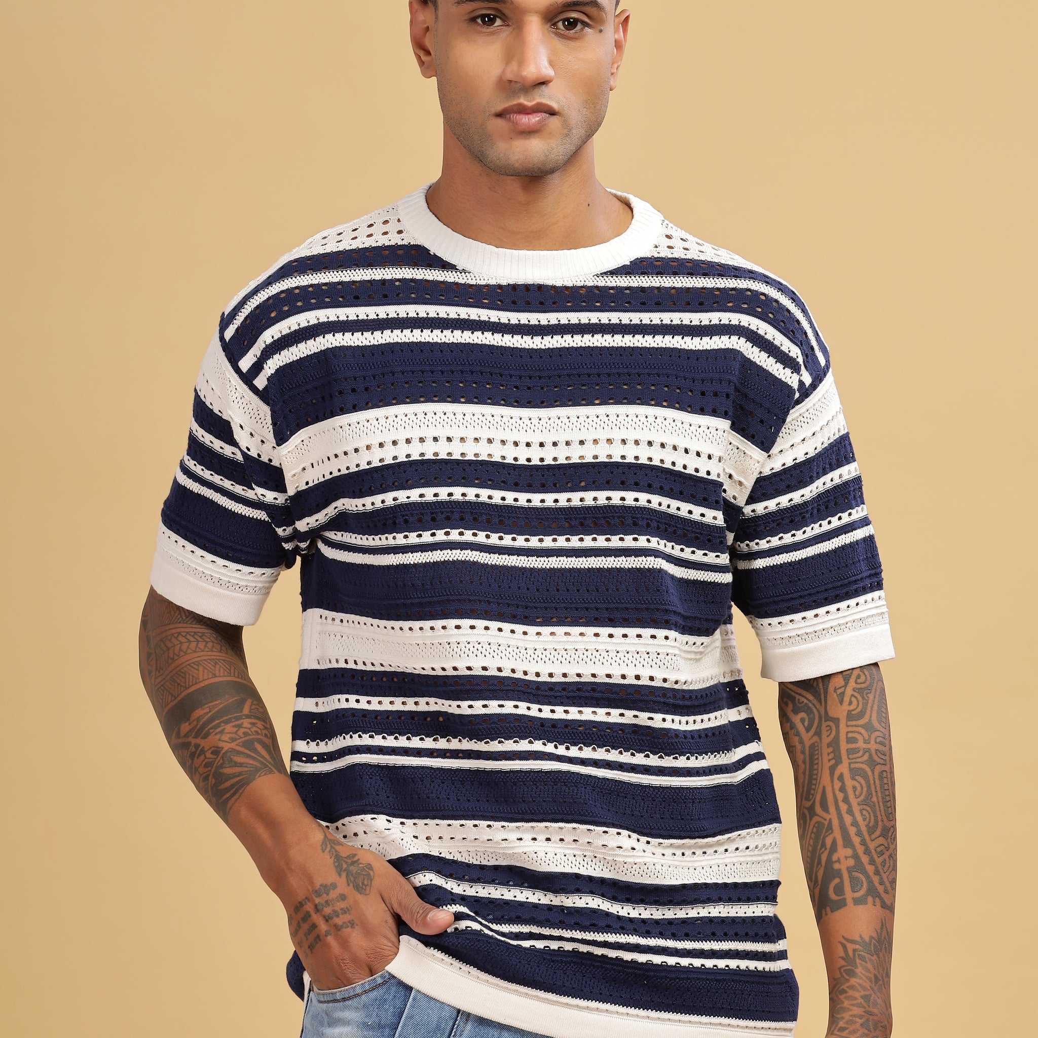 Knitted Round Neck Blue Stripes Oversize T-Shirt