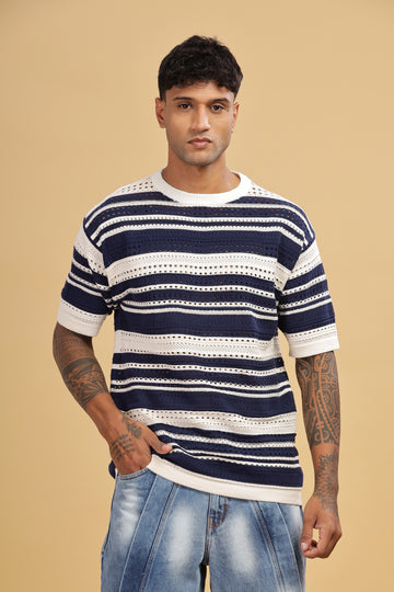 Knitted Round Neck Blue Stripes Oversize T-Shirt