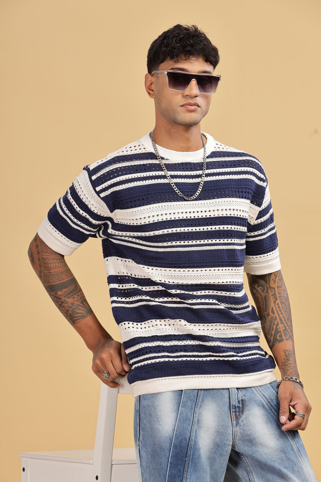 Knitted Round Neck Blue Stripes Oversize T-Shirt