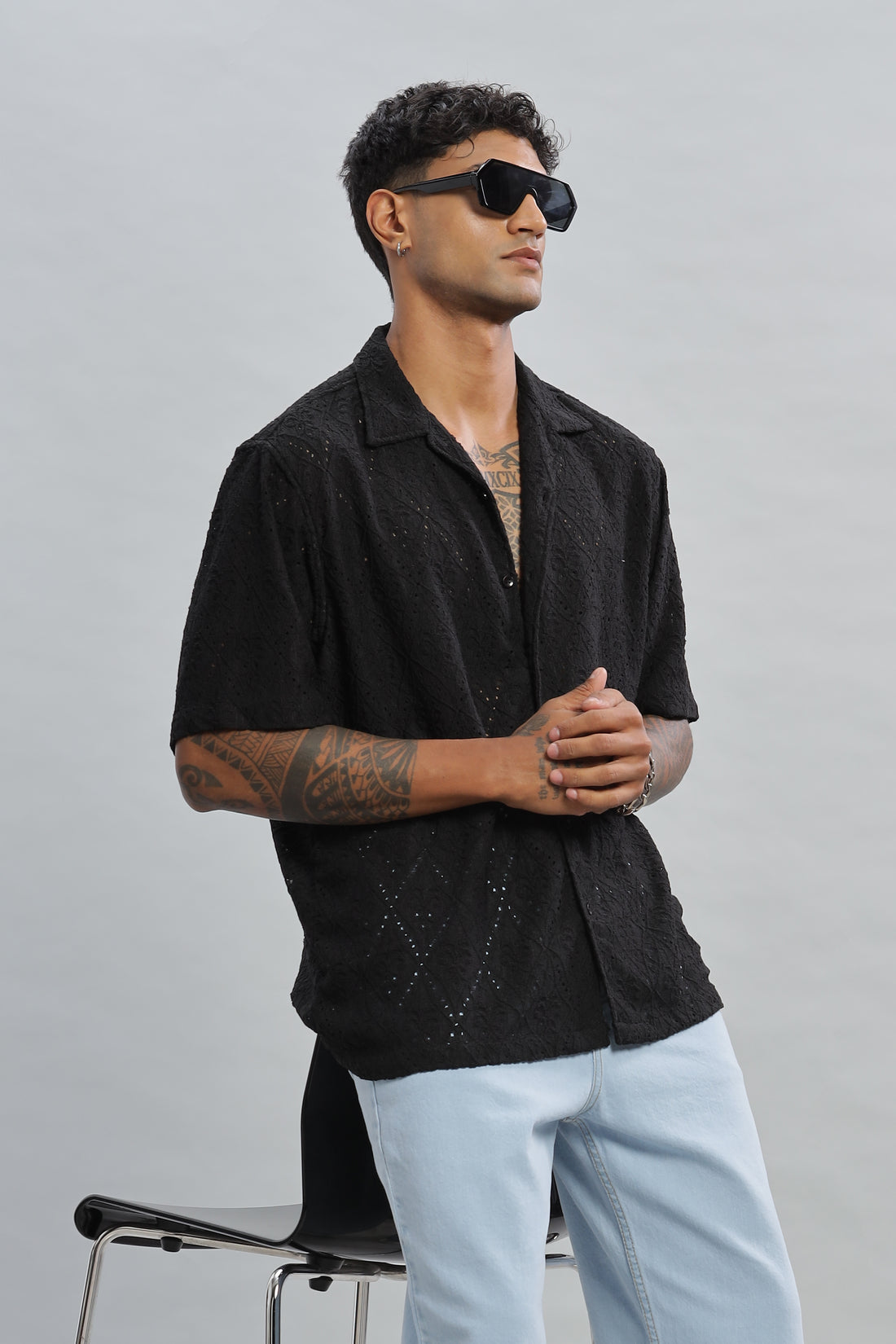 Plain Knitted Black Half Sleeves Shirt