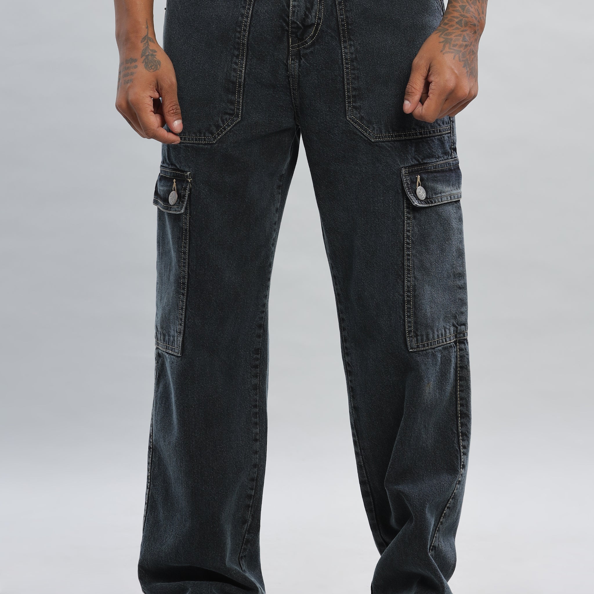 Charcoal Black Baggy Denim Cargo