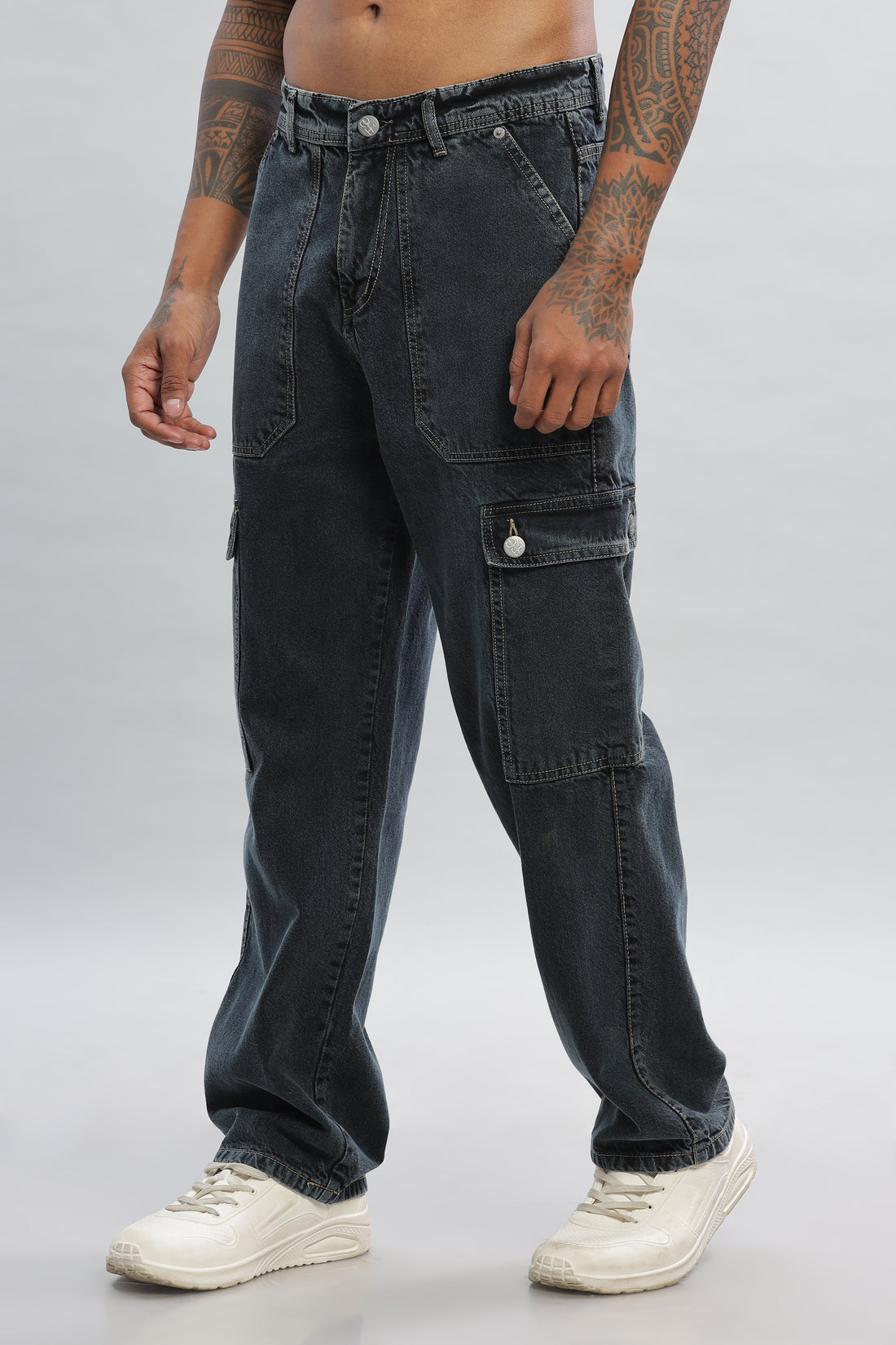 Charcoal Black Baggy Denim Cargo