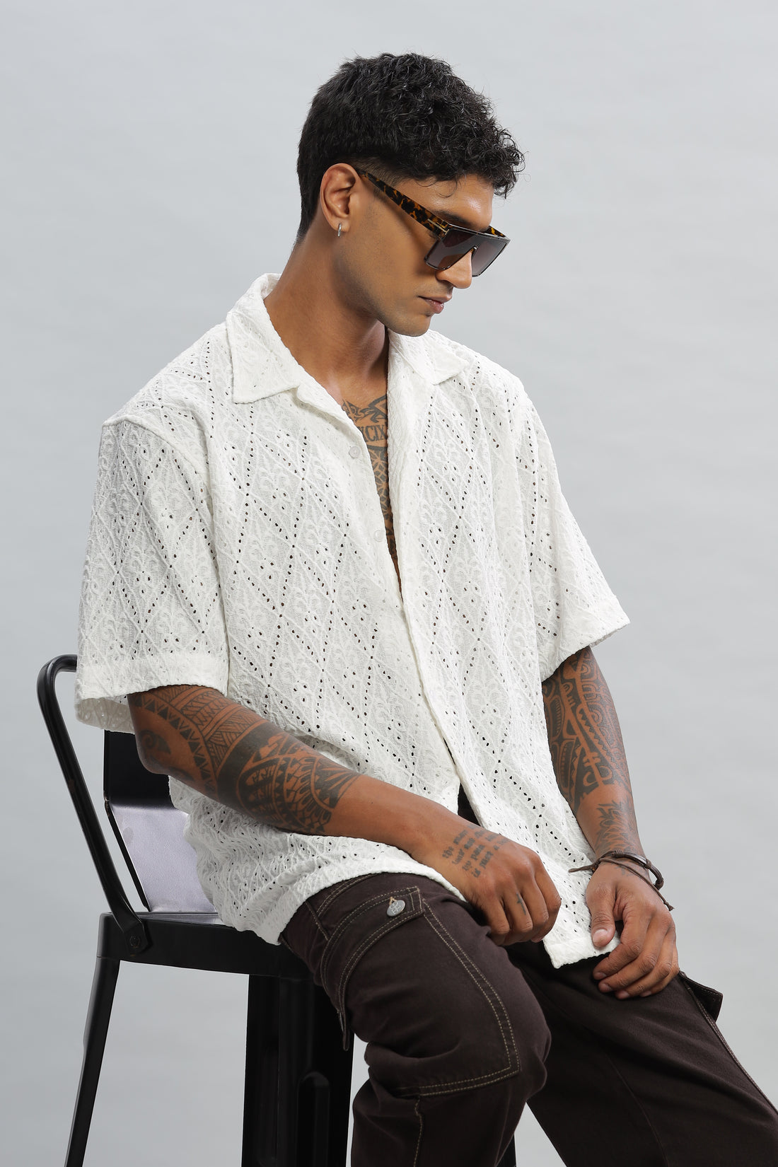 Plain Knitted White Half Sleeves Shirt