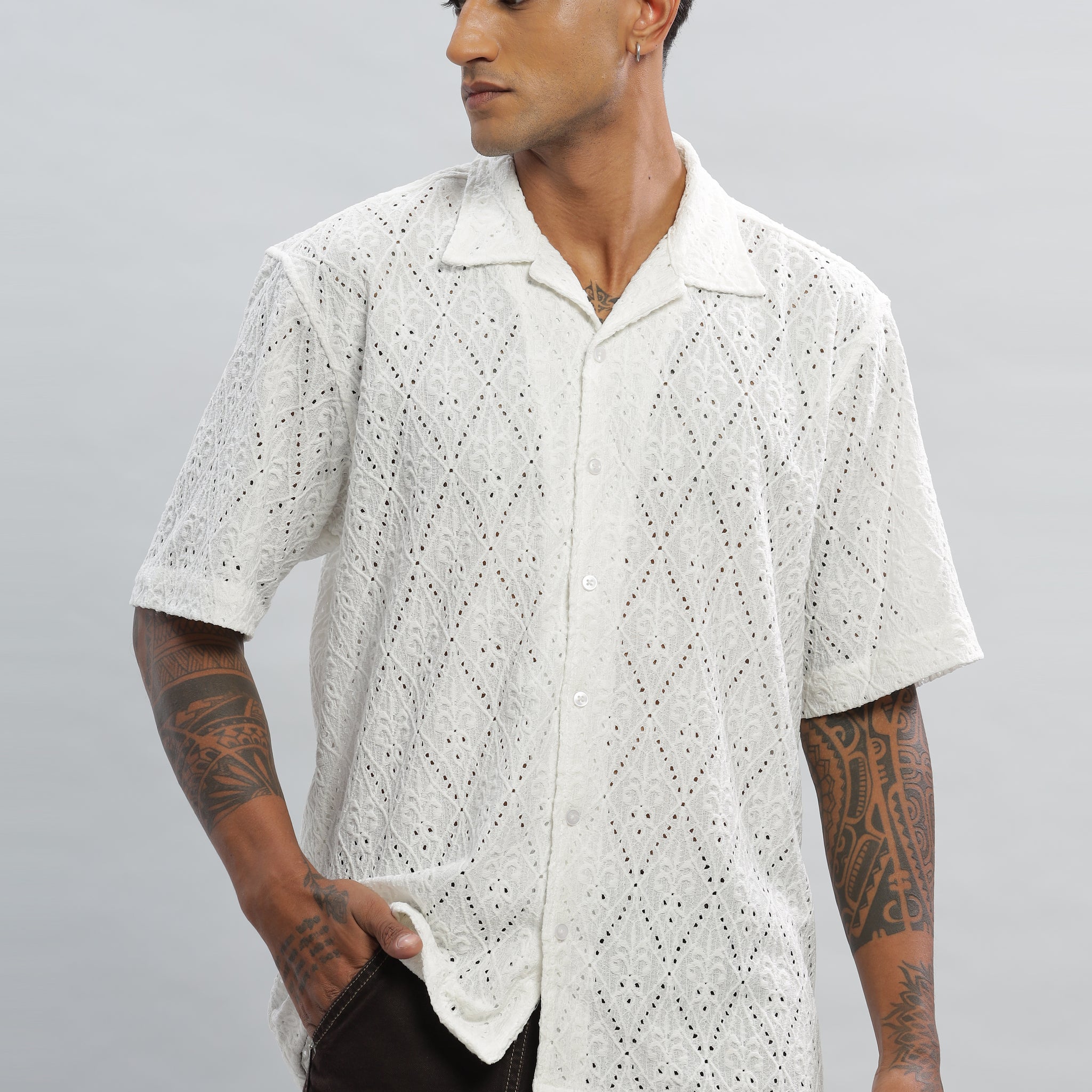 Plain Knitted White Half Sleeves Shirt