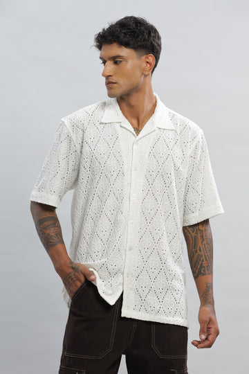 Plain Knitted White Half Sleeves Shirt