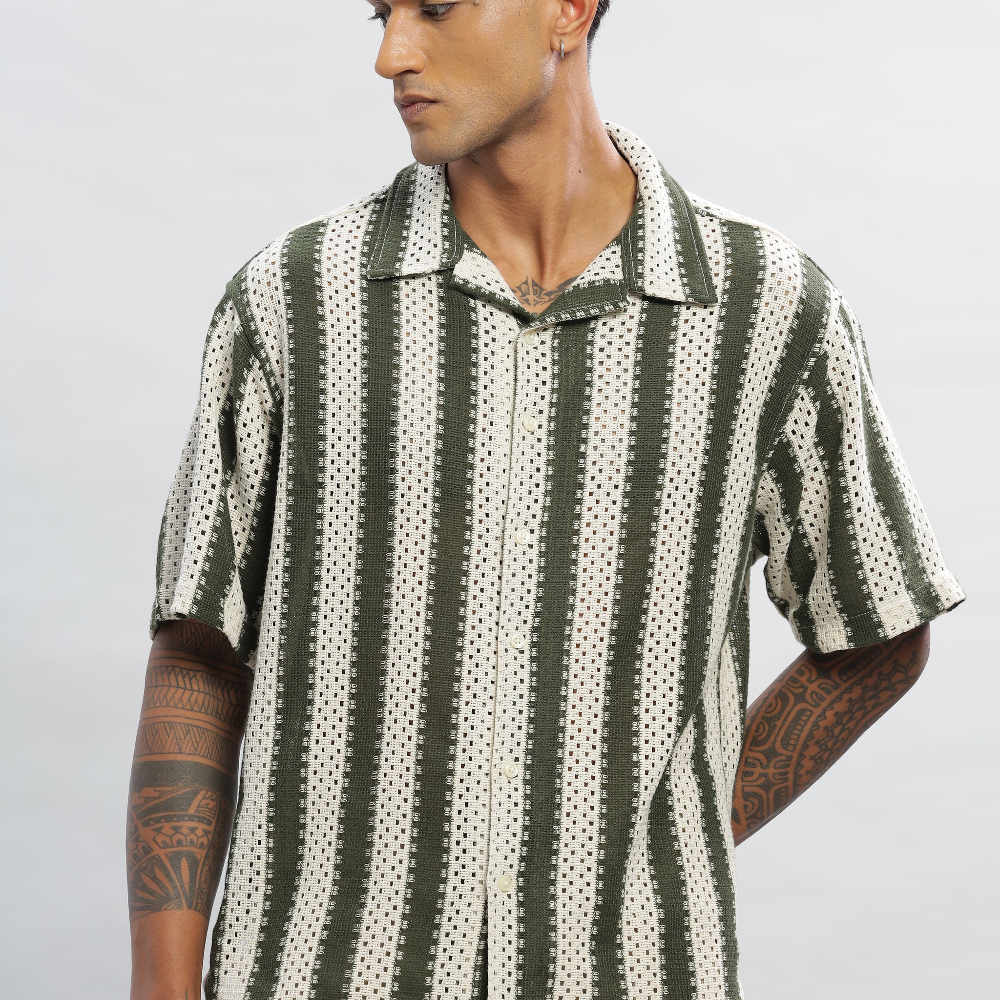 Crochet Stripes Olive Green Knitted Half Sleeves Shirt