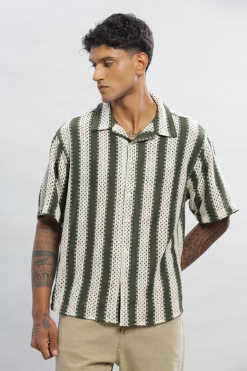 Crochet Stripes Olive Green Knitted Half Sleeves Shirt