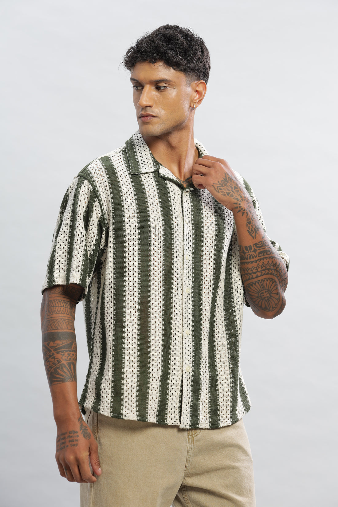 Crochet Stripes Olive Green Knitted Half Sleeves Shirt