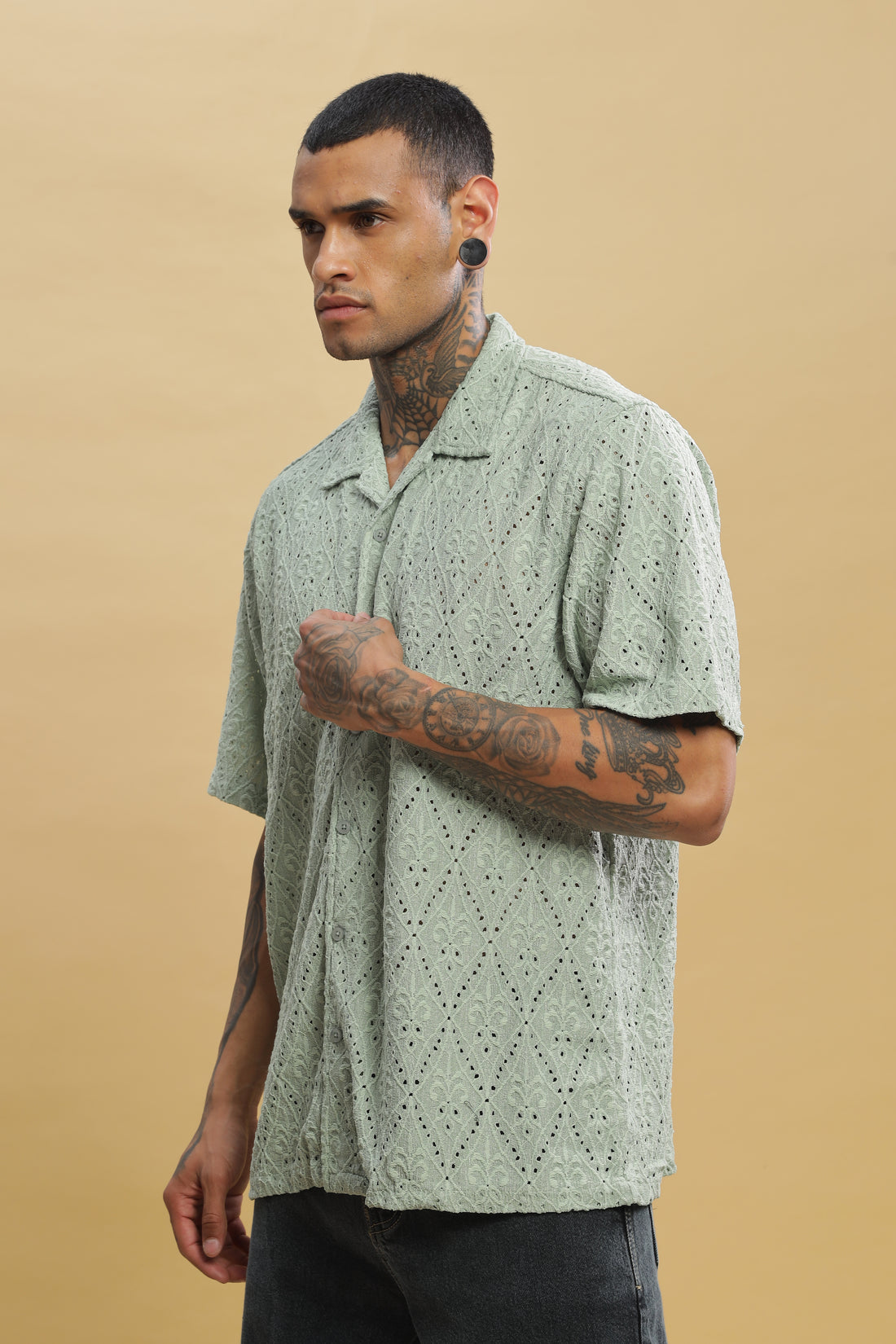 Plain Knitted Pista Half Sleeves Shirt