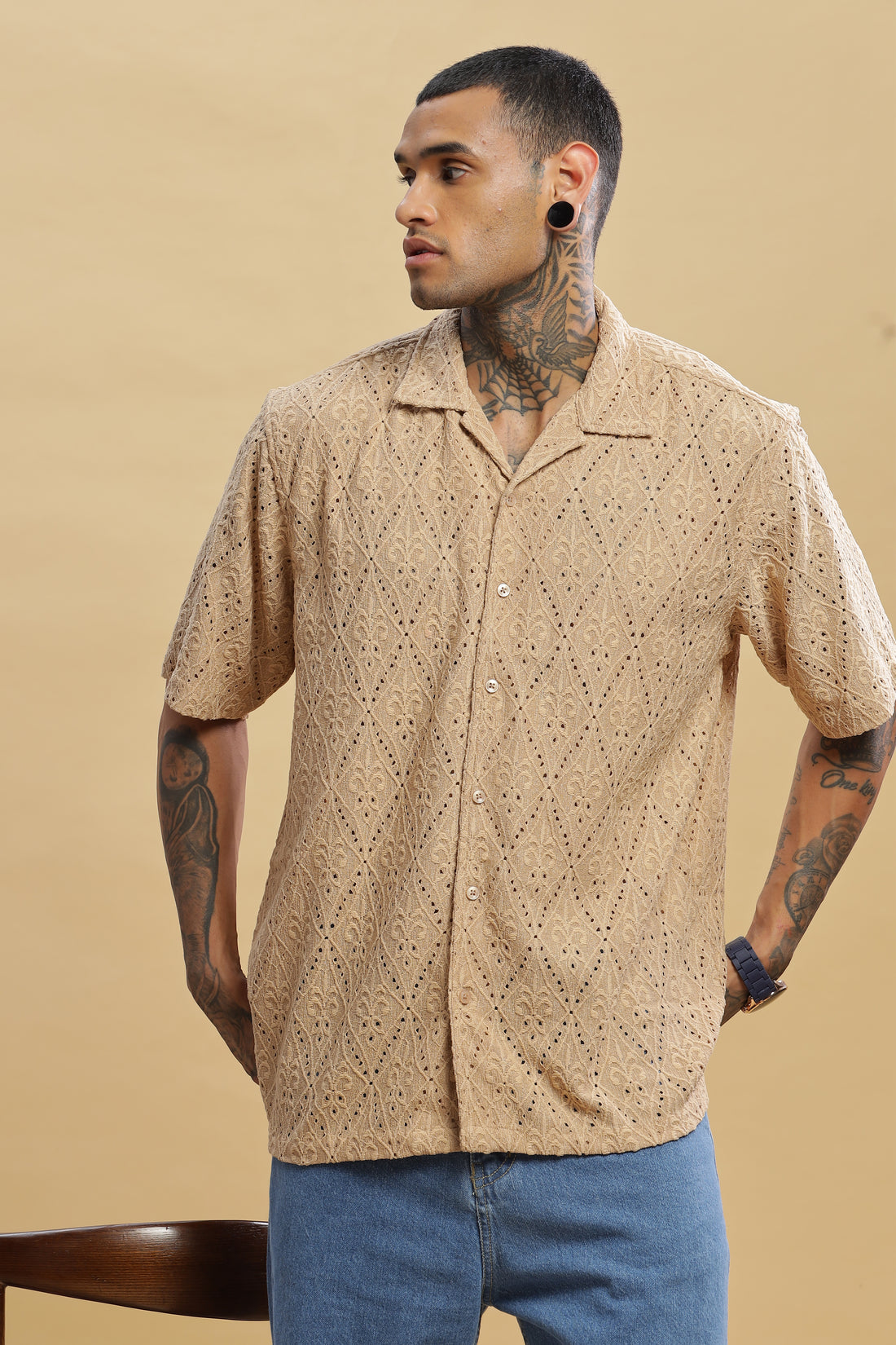 Plain Knitted Cream Half Sleeves Shirt