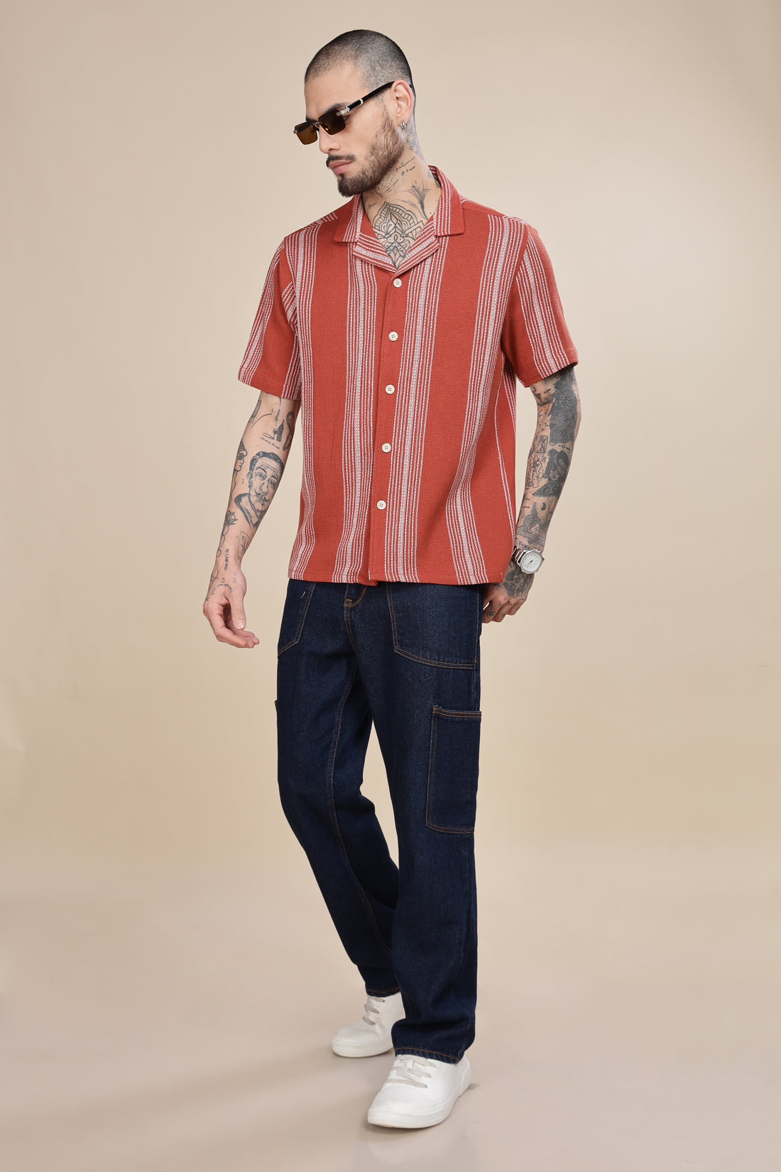 Rust Qubin Collar Stripes Shirt