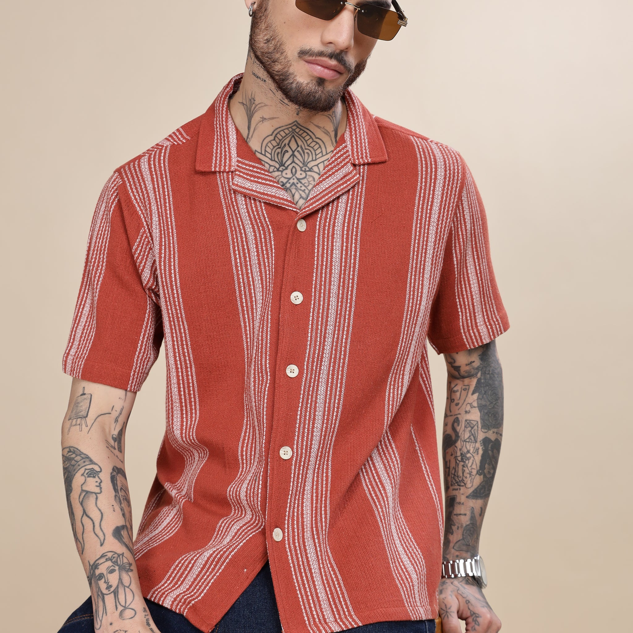 Rust Qubin Collar Stipes Shirt