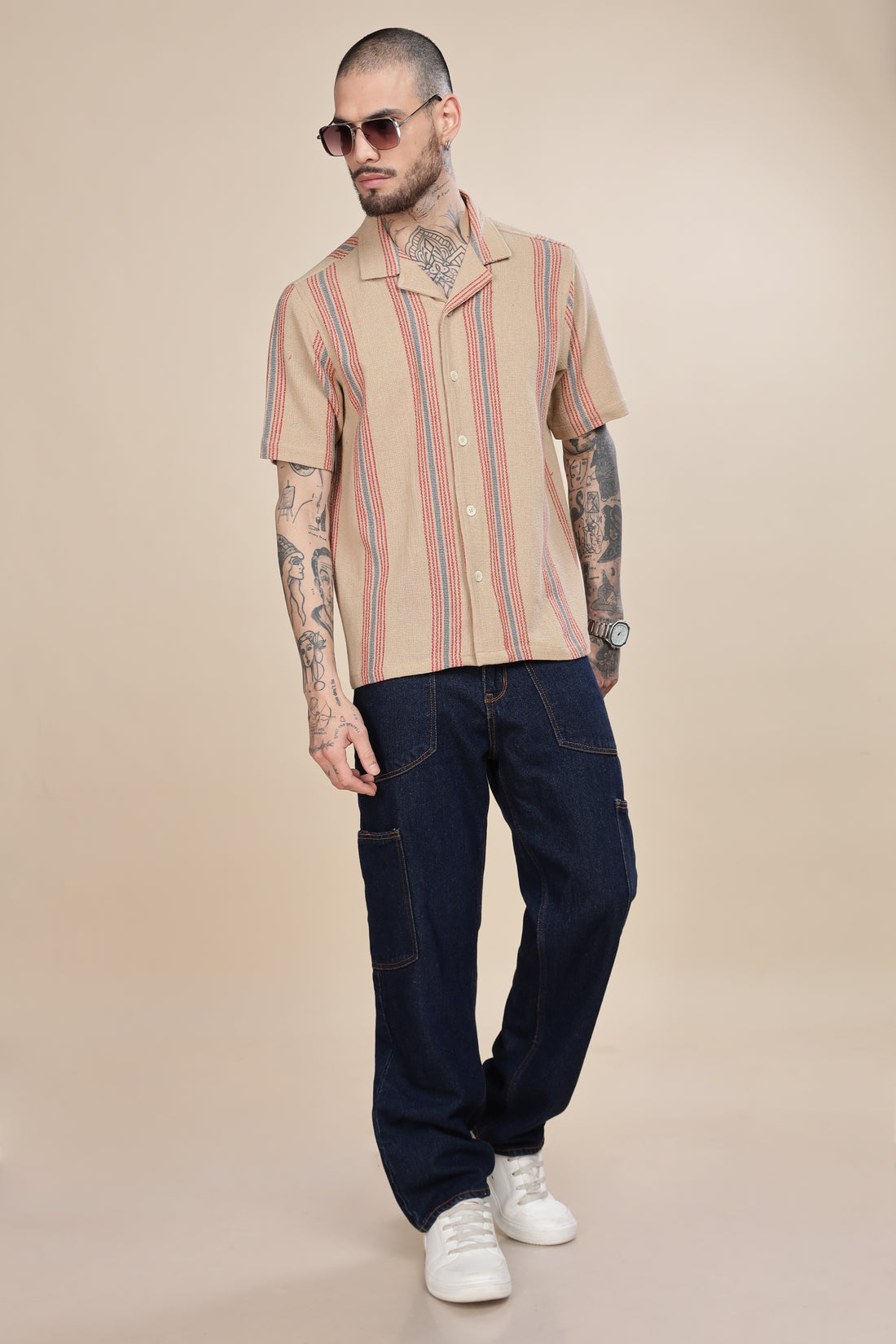 Beige Qubin Collar Stripes Shirt