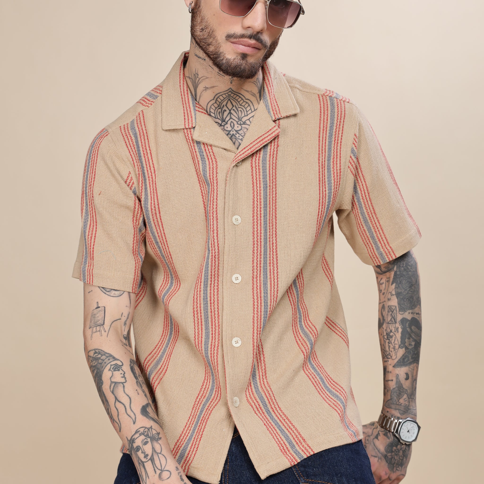 Beige Qubin Collar Stipes Shirt