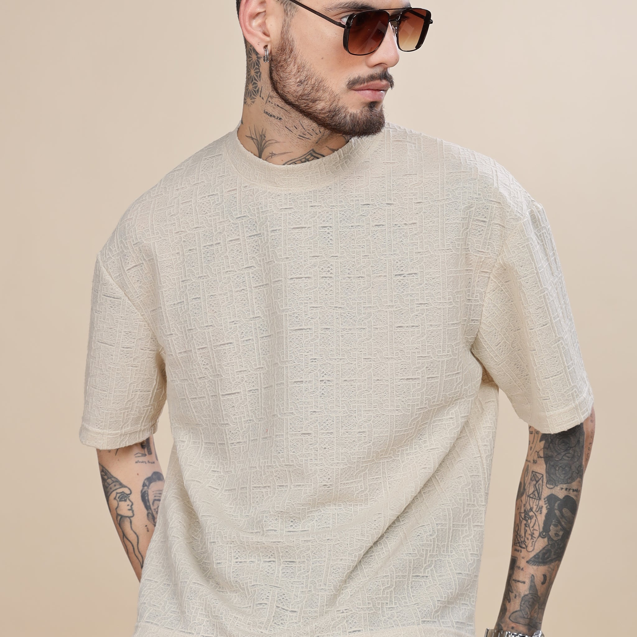 Beige Self Textured T-shirt