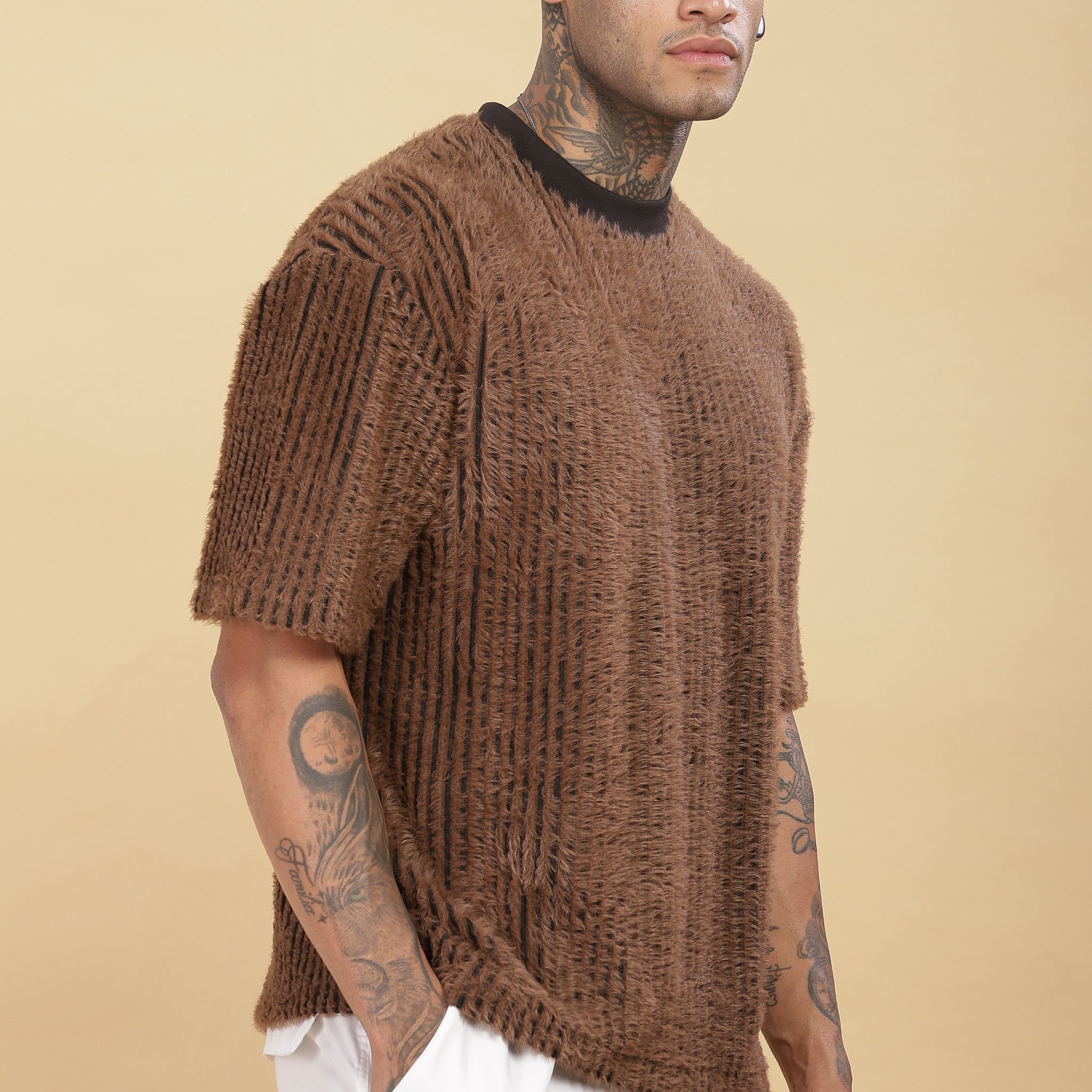 Brown Furr Striped T-shirt