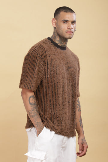 Brown Furr Striped T-shirt