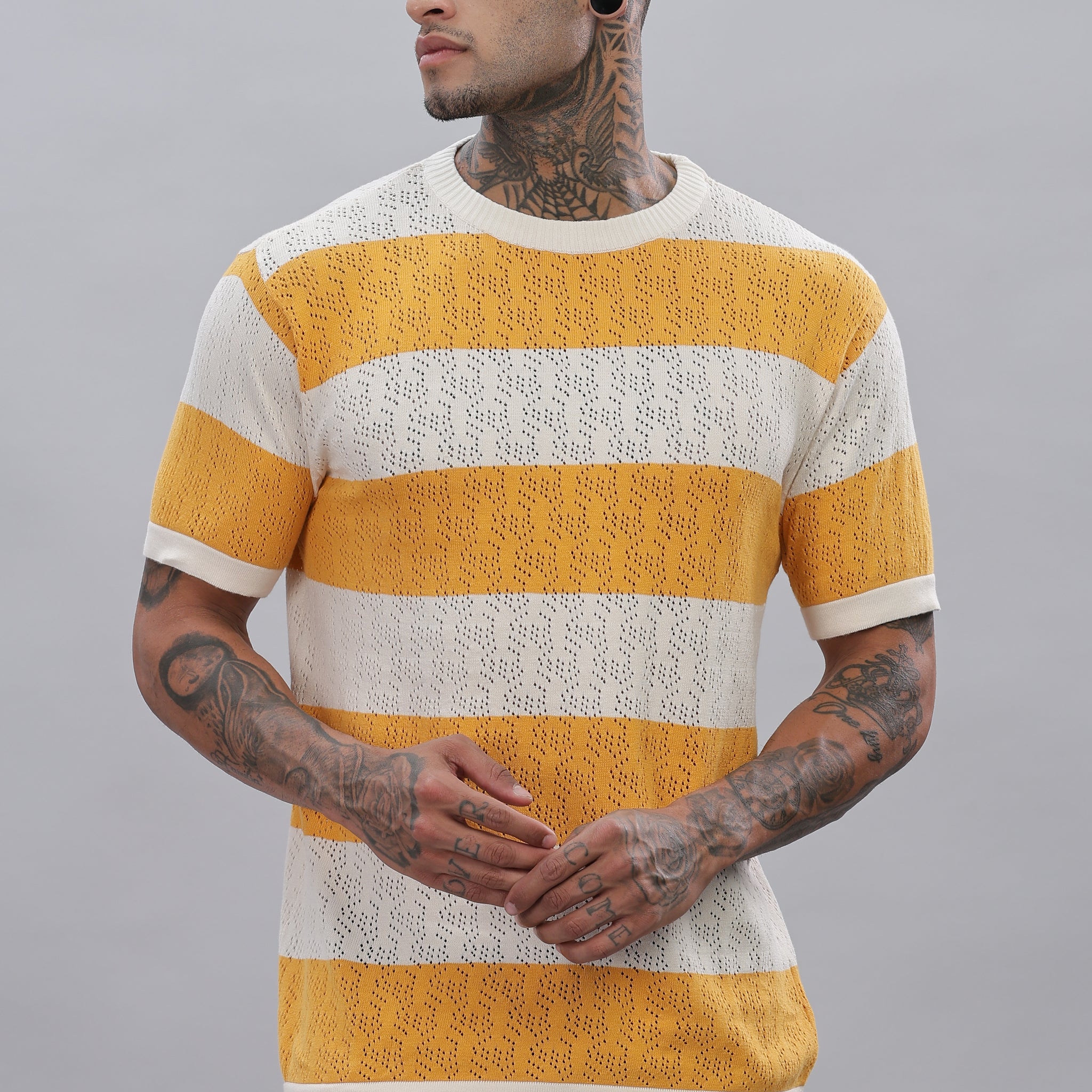 Knitted Round Neck Mustard Striped T-Shirt