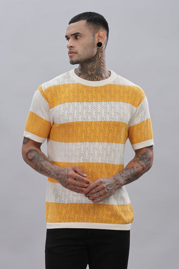 Knitted Round Neck Mustard Striped T-Shirt