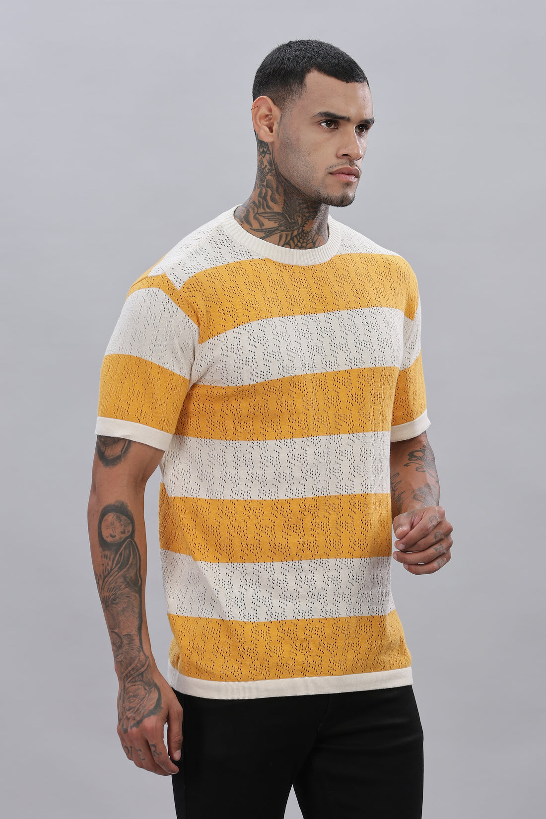 Knitted Round Neck Mustard Striped T-Shirt