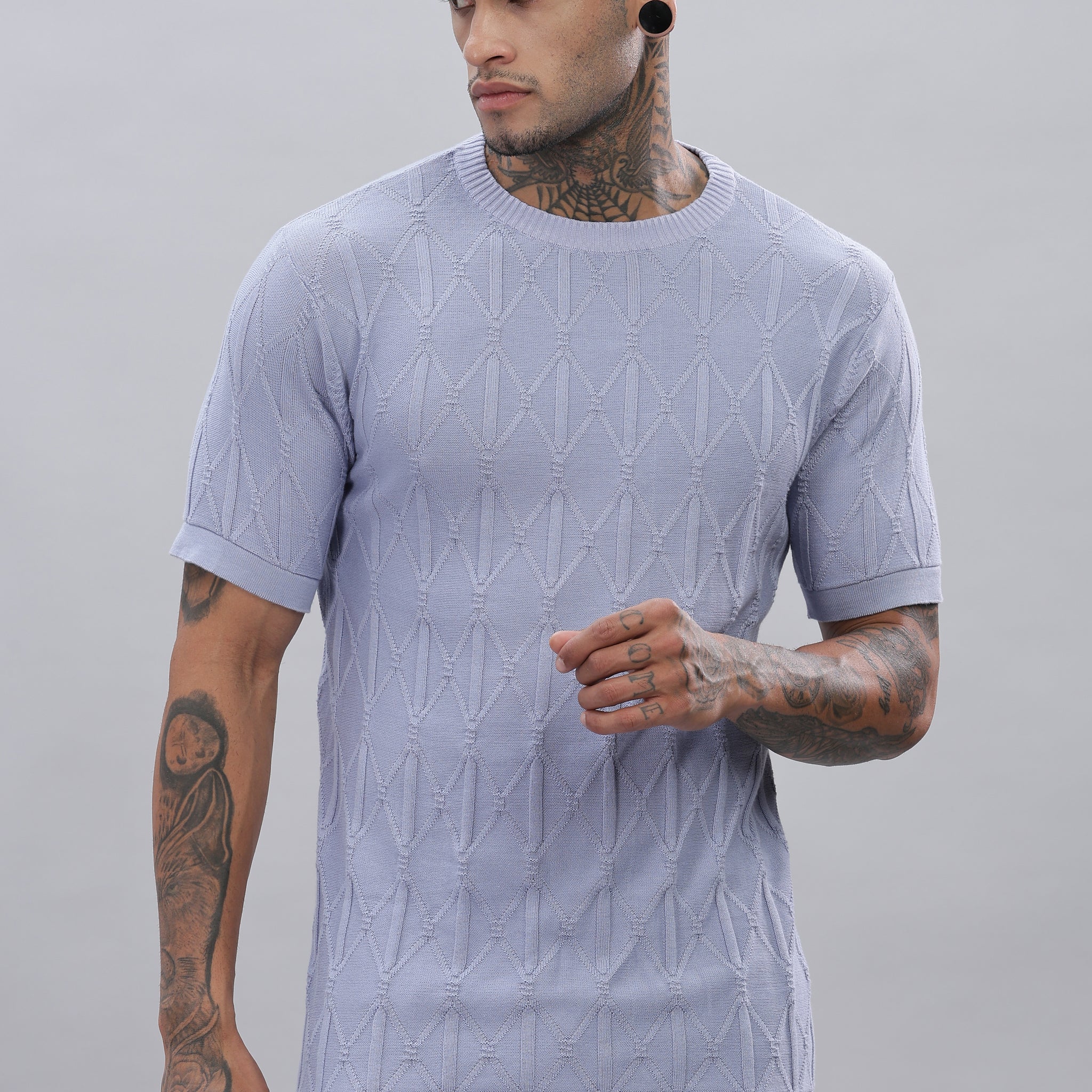 Knitted Round Neck Textured Lavender T-Shirt