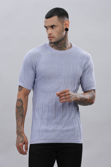 Knitted Round Neck Textured Lavender T-Shirt