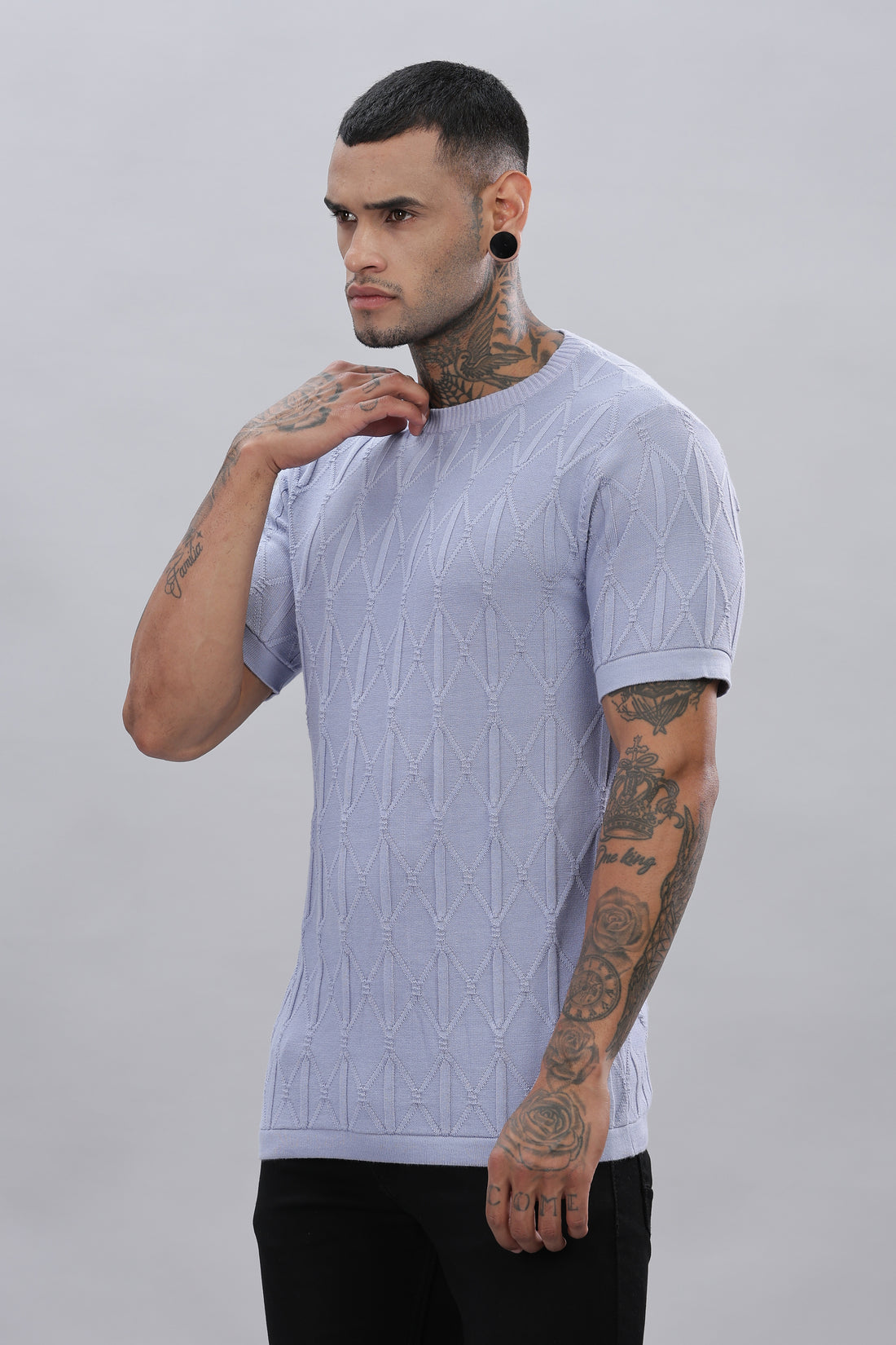 Knitted Round Neck Textured Lavender T-Shirt