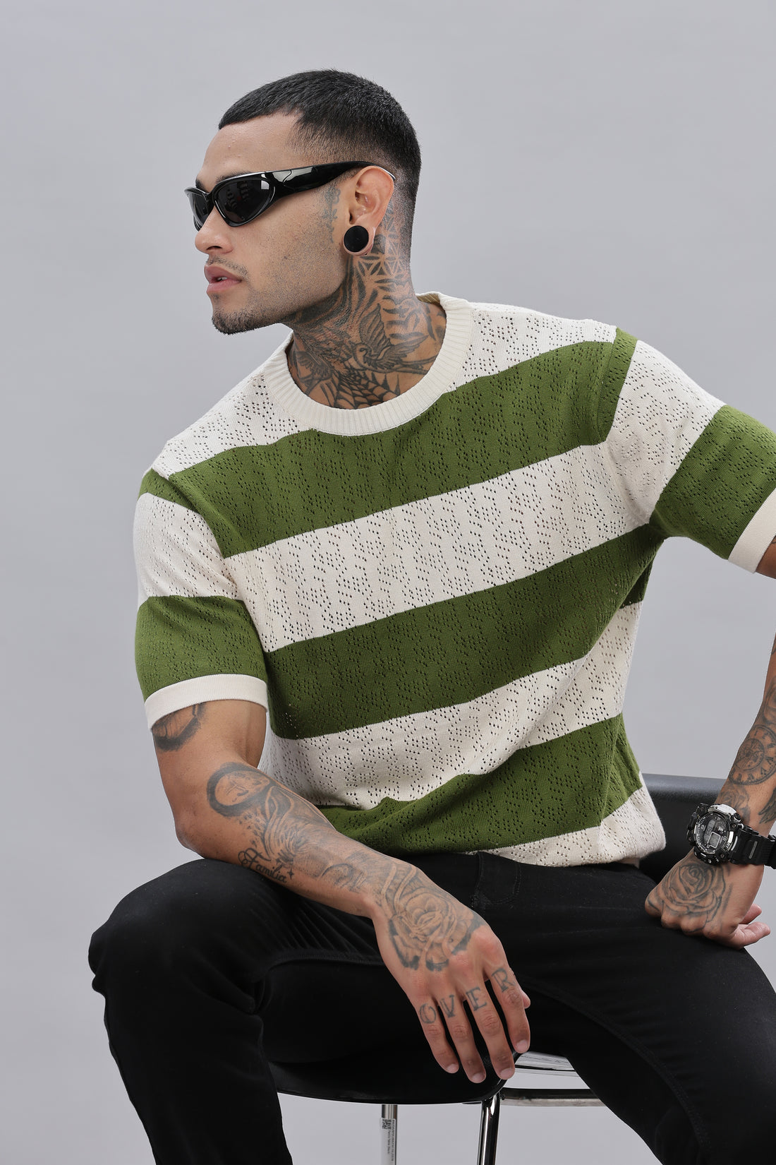 Knitted Round Neck Green Striped T-Shirt