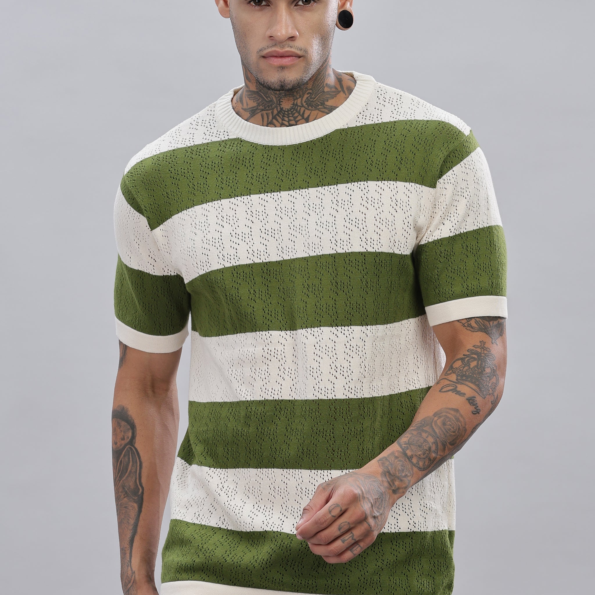 Knitted Round Neck Green Striped T-Shirt