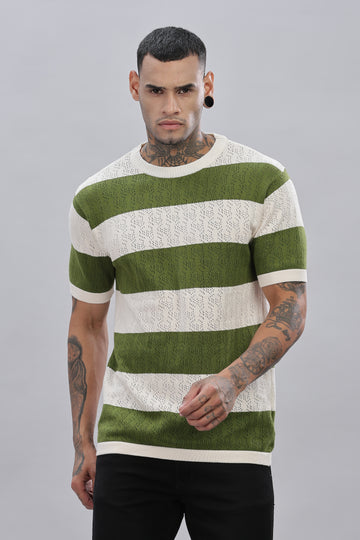 Knitted Round Neck Green Striped T-Shirt