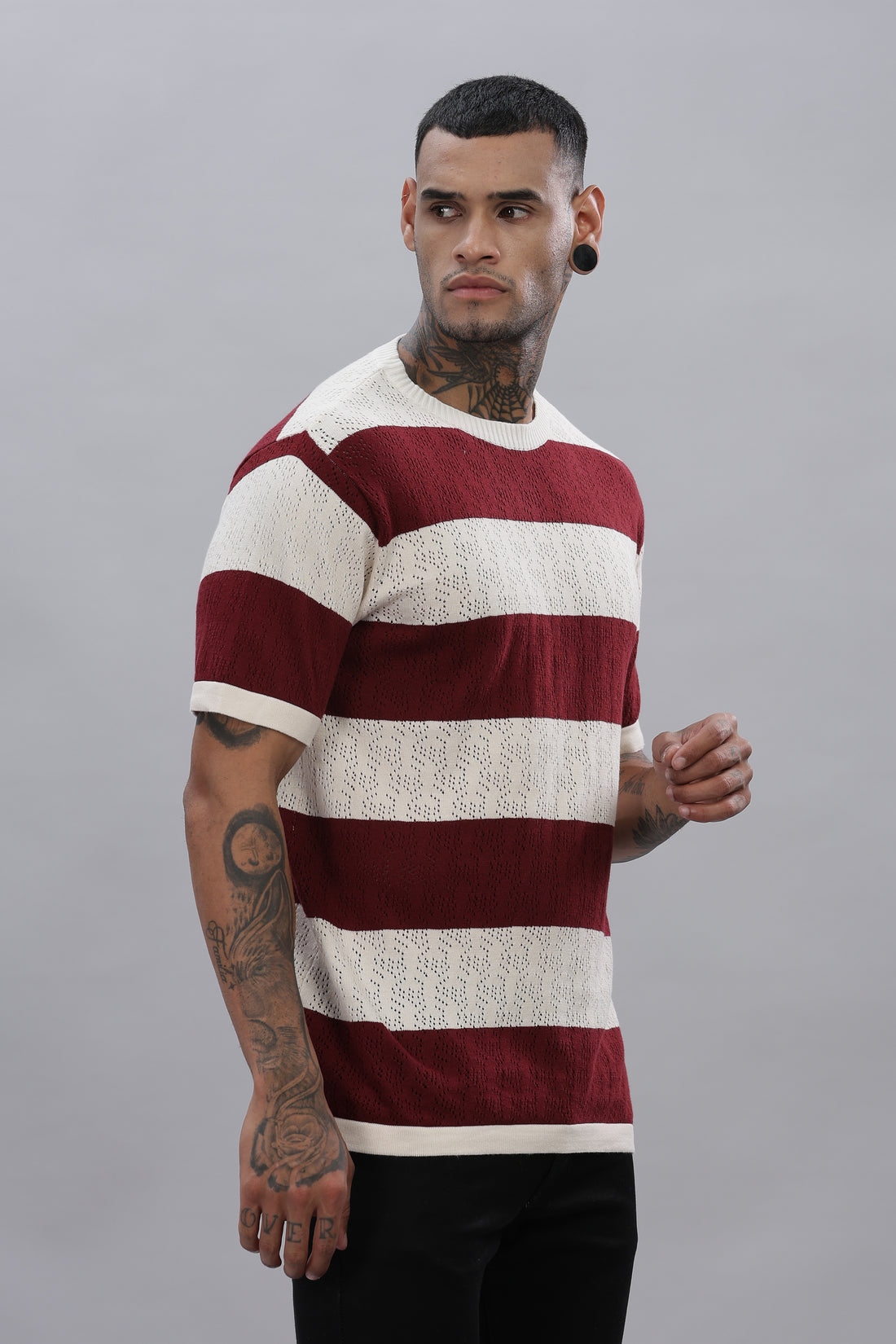 Knitted Round Neck Maroon Striped T-Shirt