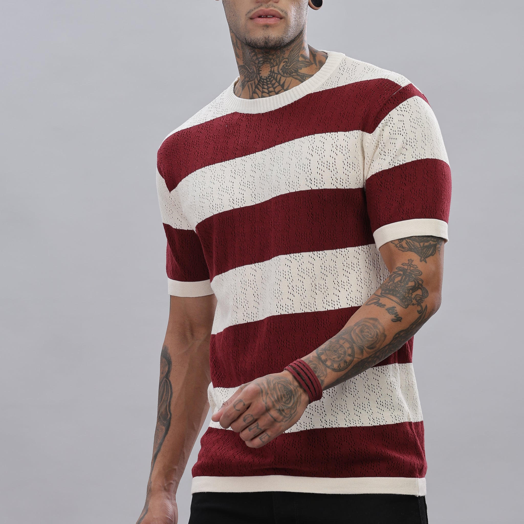 Knitted Round Neck Maroon Striped T-Shirt